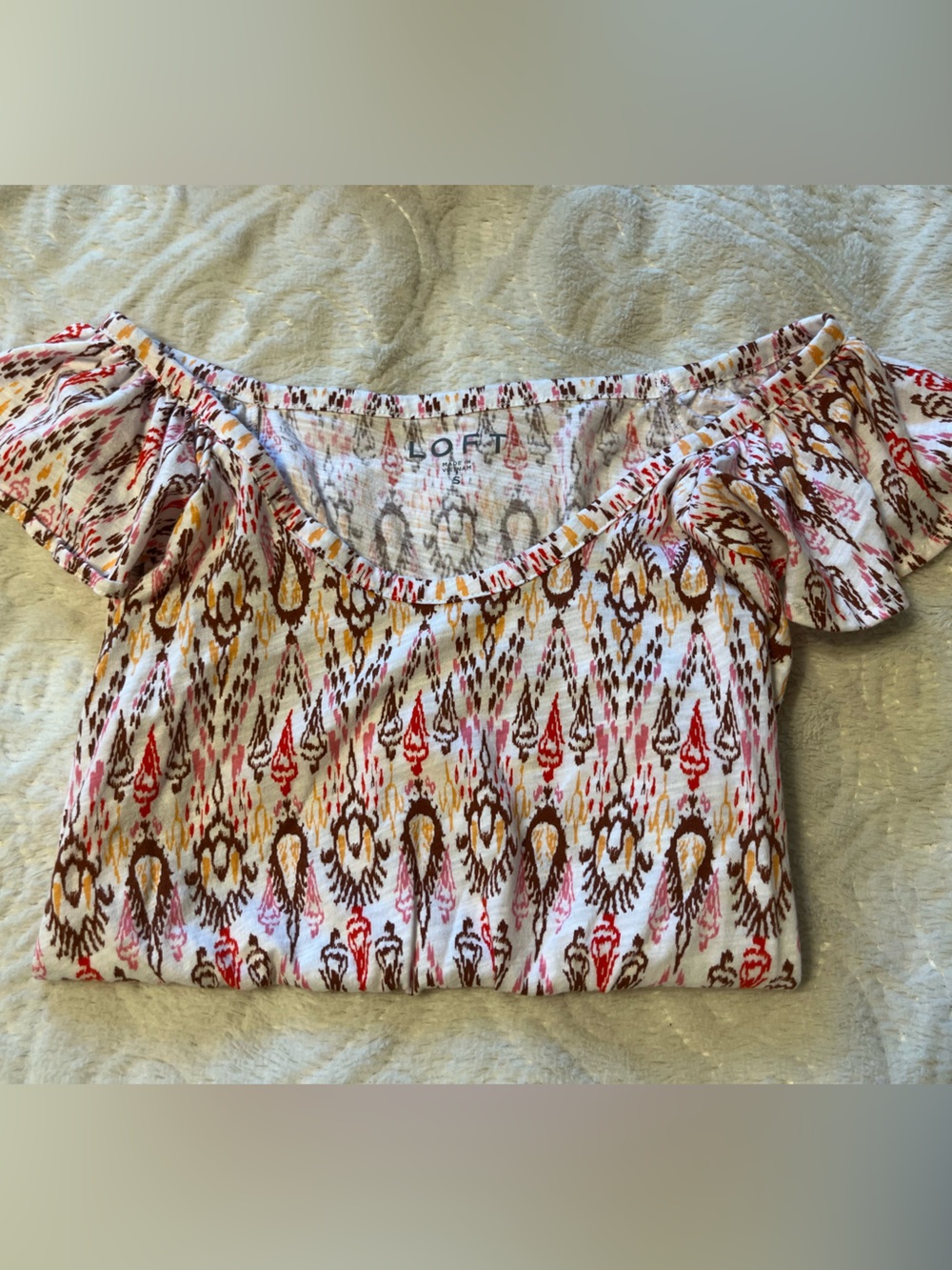 LOFT White Pink Brown Ikat Print Flutter-Sleeve Top
